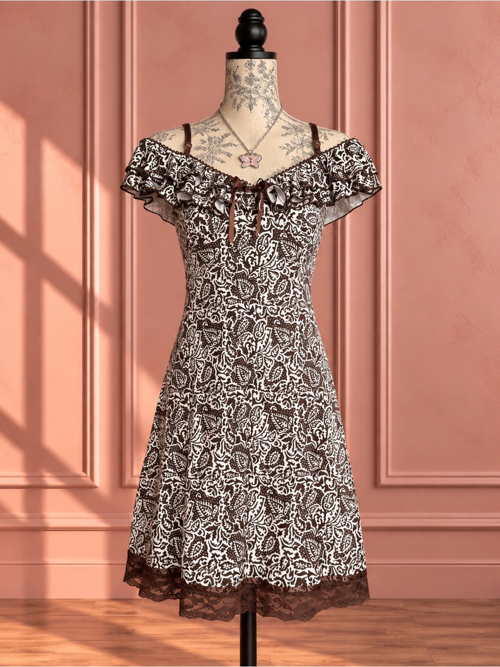Vintage Off-Shoulder Brown Lace Trim Floral Mini Dress Size 6